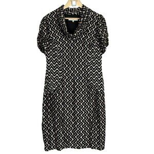 Evan-Picone Cowl Neck Dress Sz 16 Short Sleeve Ruched Zigzag Black Gold